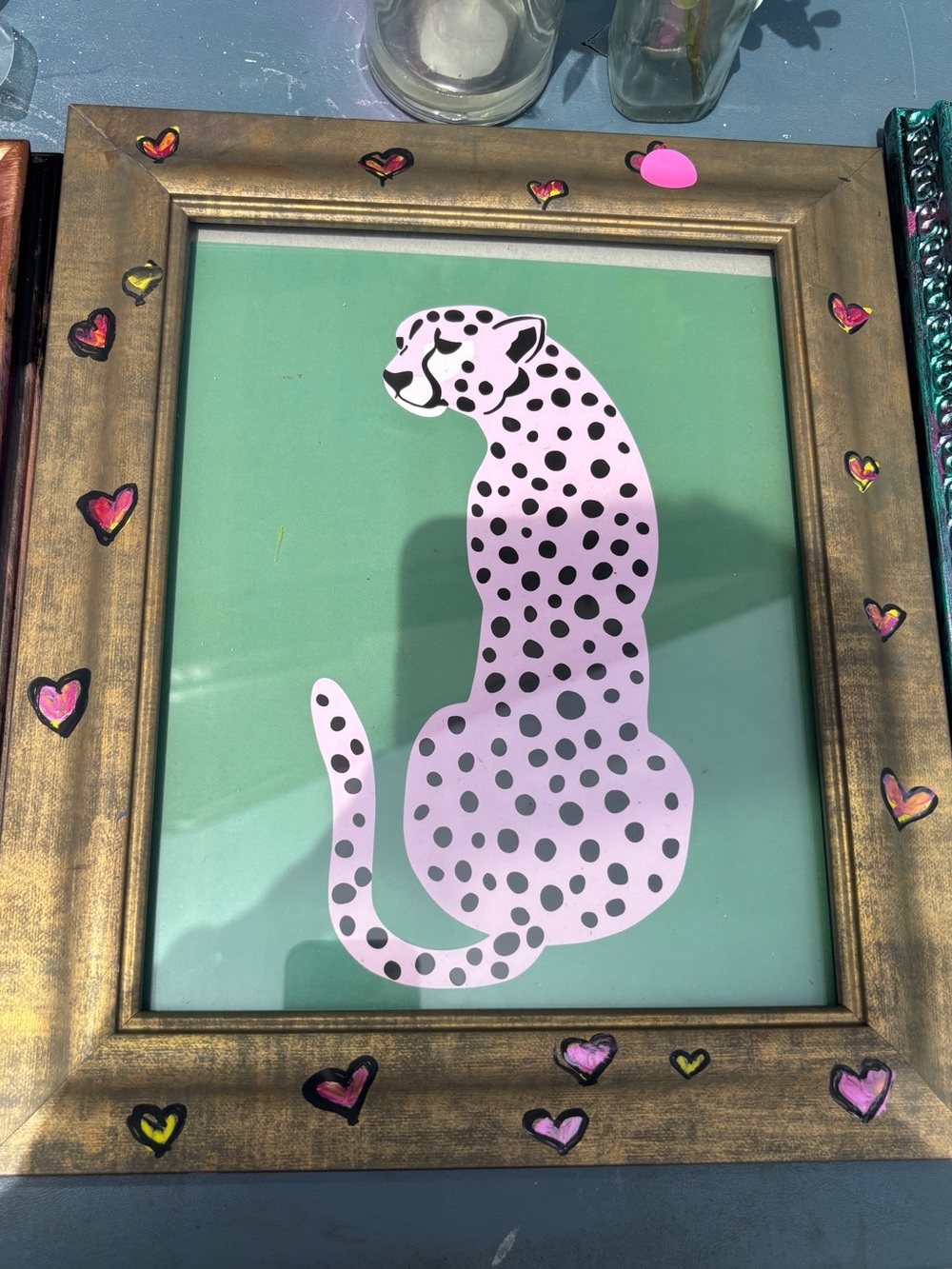 Pink Leopard Wall Art on Green Background in Gold Frame